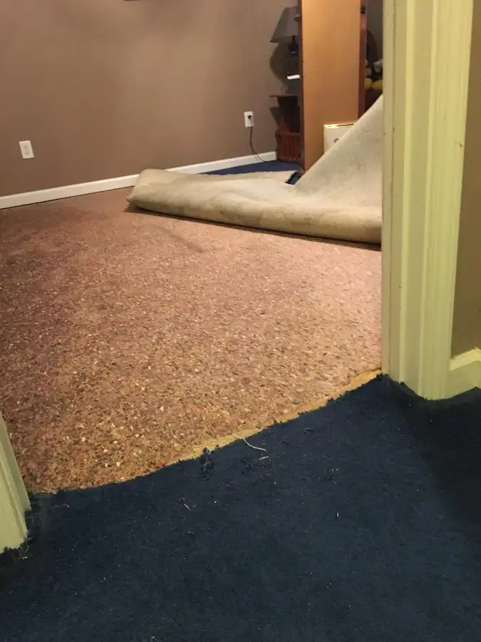 Carpet pad removal revealing water damage during Water Mitigation Services in Ellicott City